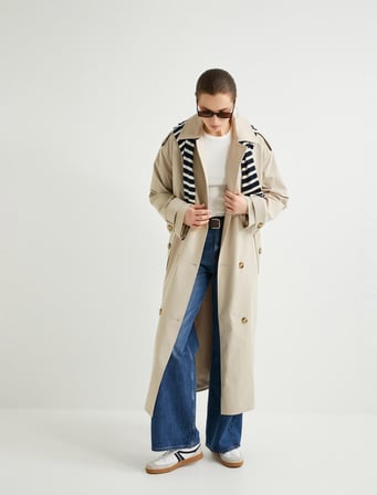Uzun Oversize Trençkot Kemerli Kruvaze Düğmeli Cepli
