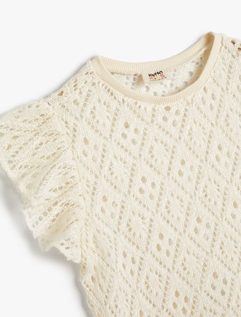Ajurlu Crop Tişört Kolsuz Fırfır Detaylı