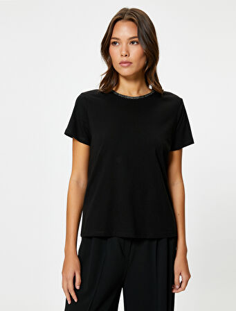 Basic Tişört Bisiklet Yaka Kısa Kollu Simli