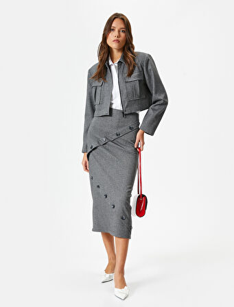 Midi Kalem Etek Düğme Detaylı Normal Bel