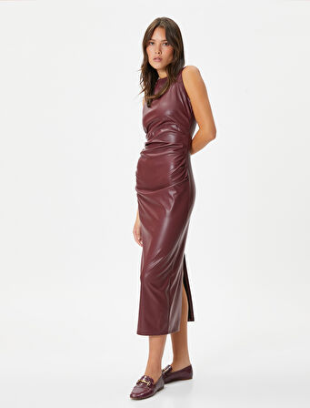 Suni Deri Elbise Midi Kolsuz Bisiklet Yaka Slim Fit