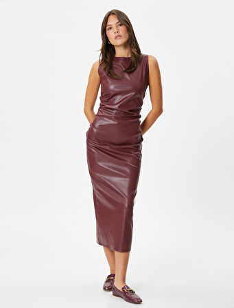 Suni Deri Elbise Midi Kolsuz Bisiklet Yaka Slim Fit