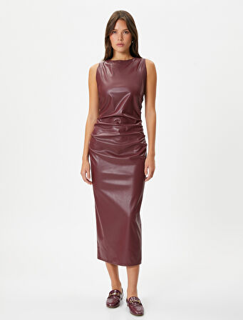 Suni Deri Elbise Midi Kolsuz Bisiklet Yaka Slim Fit