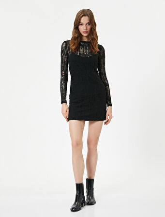 Midi Elbise Uzun Kollu Bisiklet Yaka Ajurlu