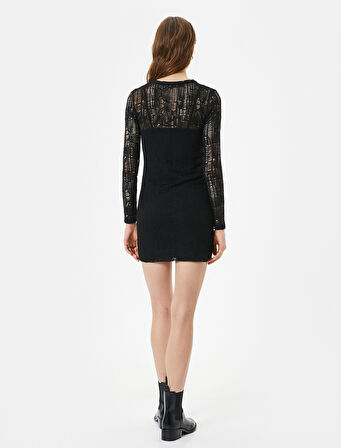 Midi Elbise Uzun Kollu Bisiklet Yaka Ajurlu