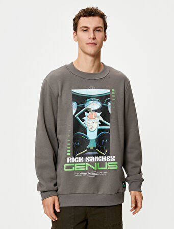 Rick and Morty Sweatshirt Bisiklet Yaka Lisanslı Baskılı Şardonlu