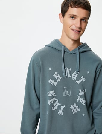 Kapşonlu Sweatshirt Slogan Baskılı Uzun Kollu