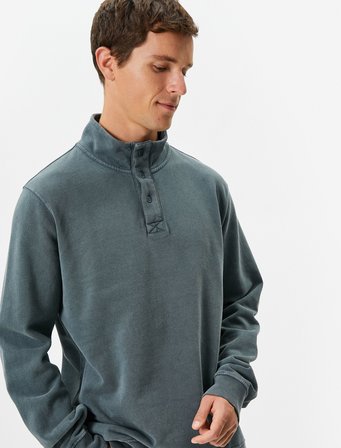 Yıkamalı Sweatshirt Dik Yaka Düğme Detaylı Pamuklu