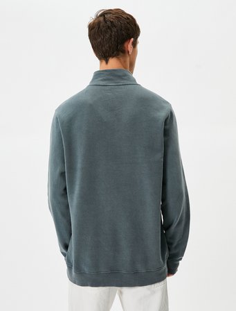 Yıkamalı Sweatshirt Dik Yaka Düğme Detaylı Pamuklu