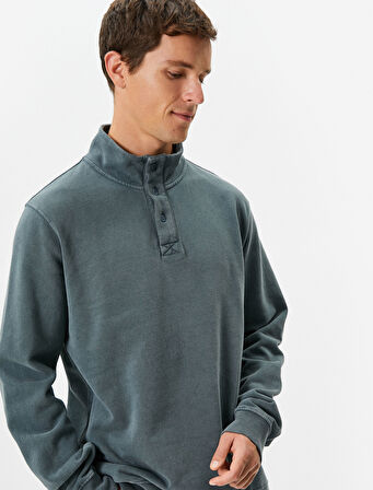 Yıkamalı Sweatshirt Dik Yaka Düğme Detaylı Pamuklu