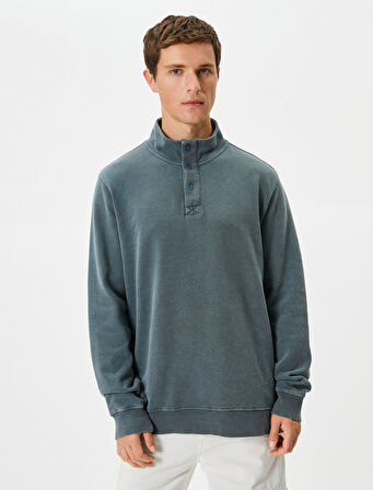 Yıkamalı Sweatshirt Dik Yaka Düğme Detaylı Pamuklu
