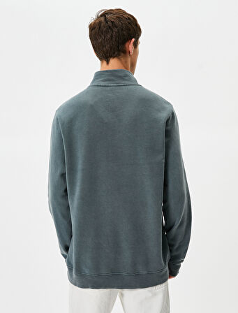 Yıkamalı Sweatshirt Dik Yaka Düğme Detaylı Pamuklu