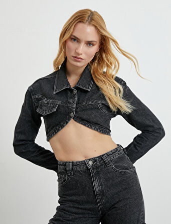 Crop Kot Ceket Slim Fit Asimetrik Kesim Pamuklu