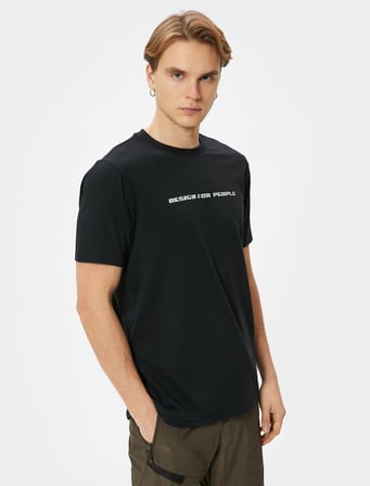 Slim Fit Tişört Slogan Baskılı Bisiklet Yaka Kısa Kollu