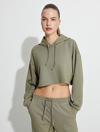 Spor Crop Kapşonlu Oversize Sweatshirt Modal Kumaş Uzun Kollu