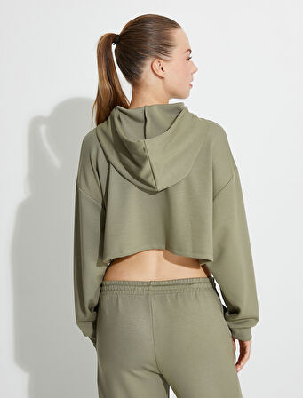 Spor Crop Kapşonlu Oversize Sweatshirt Modal Kumaş Uzun Kollu