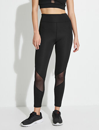 Tül Detaylı Spor Tayt Yüksek Bel Dikiş Detaylı Slim Fit