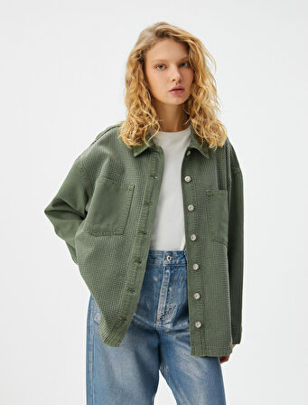 Taşlı Kot Gömlek Ceket Cep Detaylı Uzun Kollu Pamuklu Rahat Kalıp