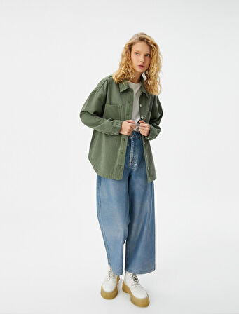 Taşlı Kot Gömlek Ceket Cep Detaylı Uzun Kollu Pamuklu Rahat Kalıp