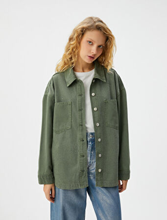 Taşlı Kot Gömlek Ceket Cep Detaylı Uzun Kollu Pamuklu Rahat Kalıp