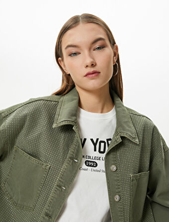 Taşlı Kot Gömlek Ceket Cep Detaylı Uzun Kollu Pamuklu Rahat Kalıp