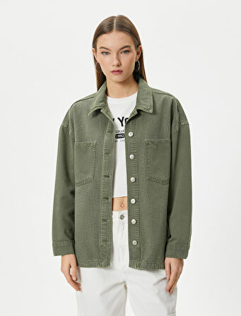 Taşlı Kot Gömlek Ceket Cep Detaylı Uzun Kollu Pamuklu Rahat Kalıp