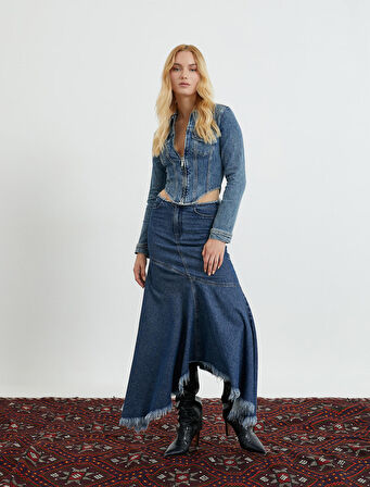 Crop Kot Ceket Fermuarlı Asimetrik Kesim Korse Görünümlü Pamuklu