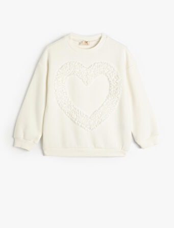Sweatshirt Bisiklet Yaka Uzun Kollu Kalp Aplikeli 