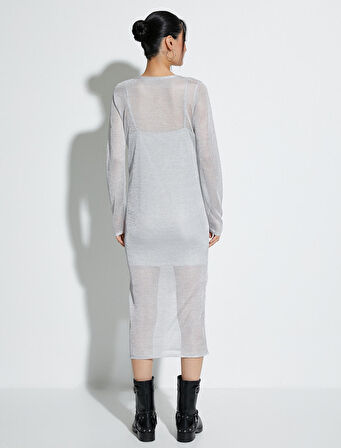 Midi Triko Elbise Metalik Simli Uzun Kollu Bisiklet Yaka