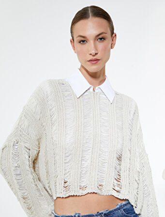 Ajurlu Kazak Crop Örgü Bisiklet Yaka Rahat Kesim Kaşmir Dokulu