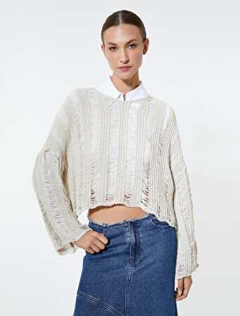 Ajurlu Kazak Crop Örgü Bisiklet Yaka Rahat Kesim Kaşmir Dokulu