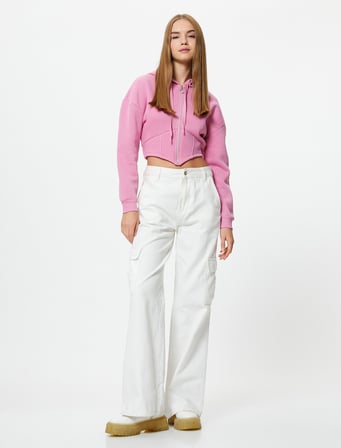 Crop Sweatshirt Fermuarlı Kapüşonlu Uzun Kollu