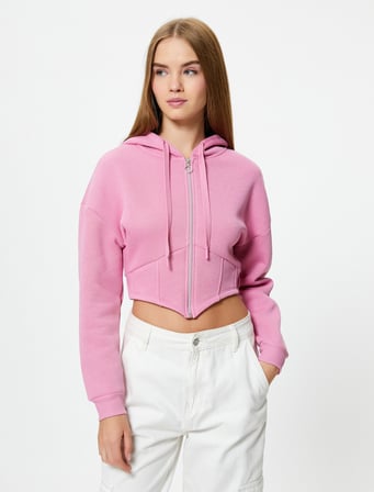 Crop Sweatshirt Fermuarlı Kapüşonlu Uzun Kollu