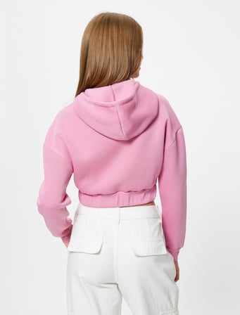 Crop Sweatshirt Fermuarlı Kapüşonlu Uzun Kollu