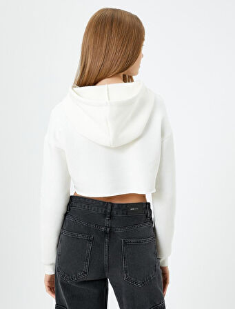 Crop Kapşonlu Sweatshirt Asimetrik Kesim NYC Baskılı