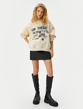 Baskılı Sweatshirt Uzun Kollu Bisiklet Yaka Pamuk Karışımlı