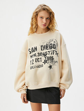 Baskılı Sweatshirt Uzun Kollu Bisiklet Yaka Pamuk Karışımlı