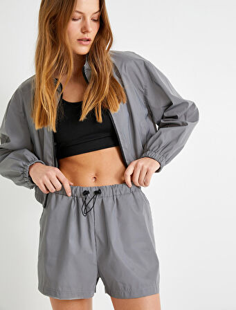 Metalik Spor Şort Kısa Yüksek Bel Lastikli Cep Detaylı