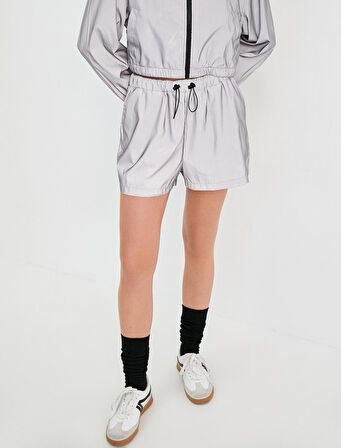 Metalik Spor Şort Kısa Yüksek Bel Lastikli Cep Detaylı