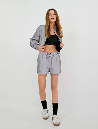 Metalik Spor Şort Kısa Yüksek Bel Lastikli Cep Detaylı