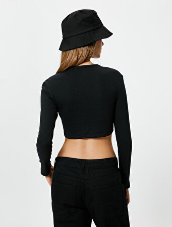 Uzun Kollu Crop Tişört Kaşkorse Bisiklet Yaka Slim Fit