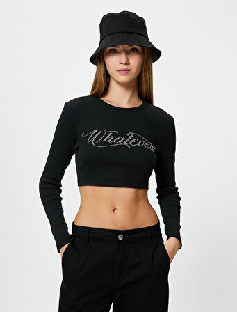 Uzun Kollu Crop Tişört Kaşkorse Bisiklet Yaka Slim Fit