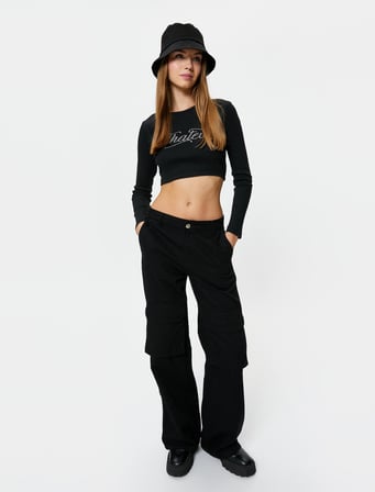 Uzun Kollu Crop Tişört Kaşkorse Bisiklet Yaka Slim Fit