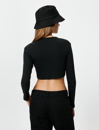 Uzun Kollu Crop Tişört Kaşkorse Bisiklet Yaka Slim Fit