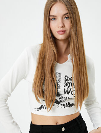 Crop V Yaka Bluz Uzun Kollu Baskılı Kaşkorse Pamuklu