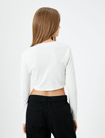 Crop V Yaka Bluz Uzun Kollu Baskılı Kaşkorse Pamuklu