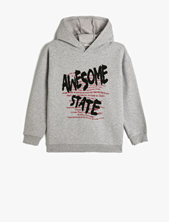 Kapşonlu Sweatshirt Slogan Baskılı Uzun Kollu Şardonlu  