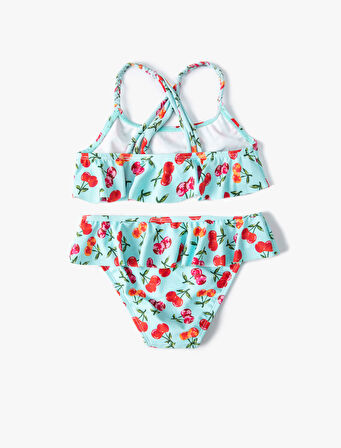 Kirazlı Bikini Seti 2 Parça Fırfırlı Çapraz Askılı