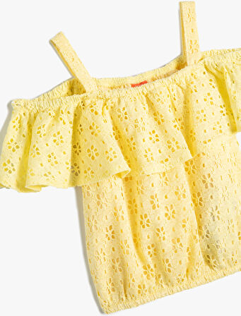 Crop Bluz Fistolu Askılı Volanlı Pamuklu
