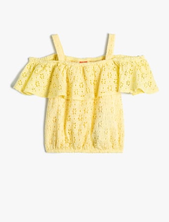 Crop Bluz Fistolu Askılı Volanlı Pamuklu